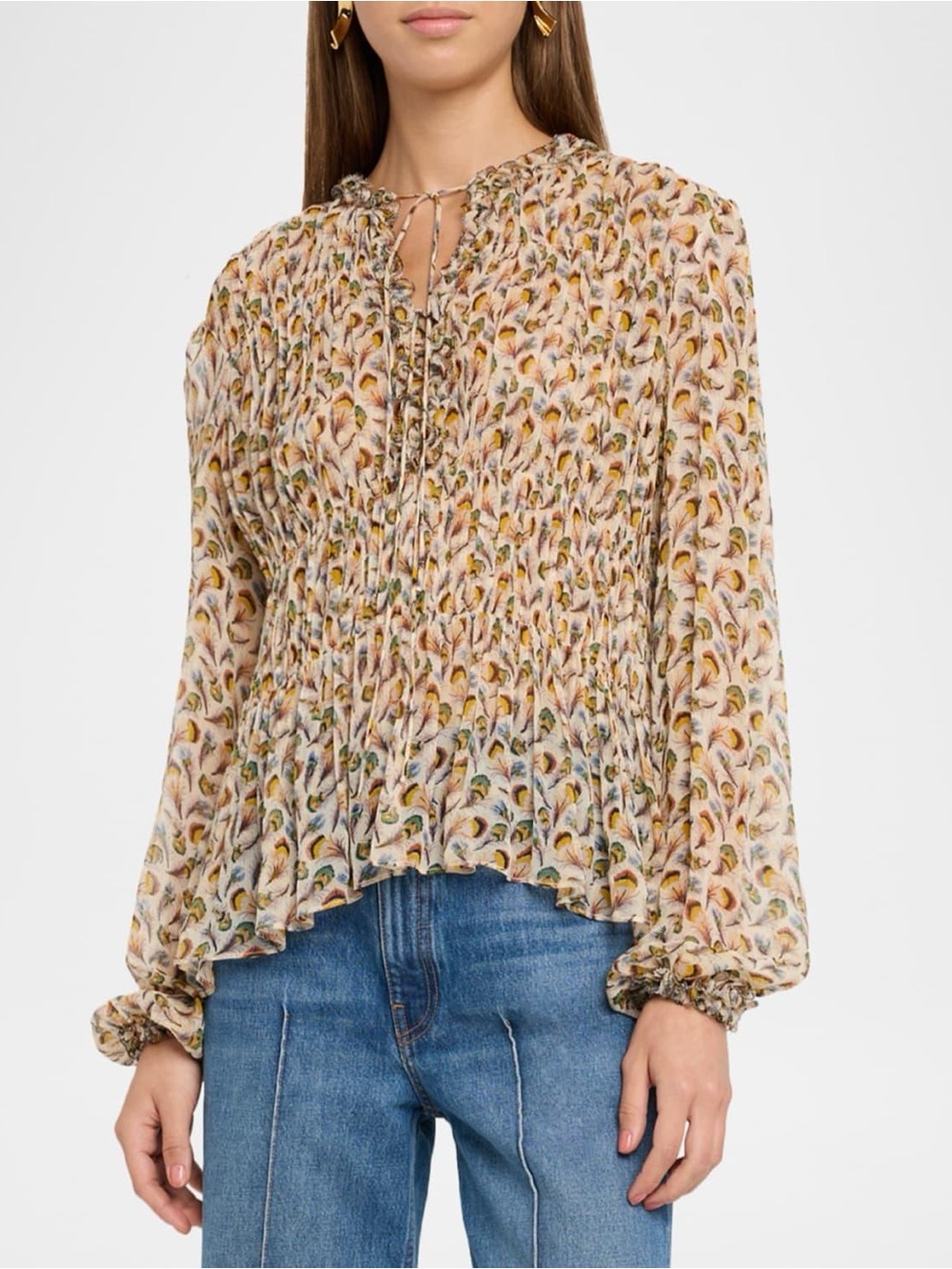 NWT $520 Ulla Johnson Robbie Feather-Print Silk Tie-Front Blouse